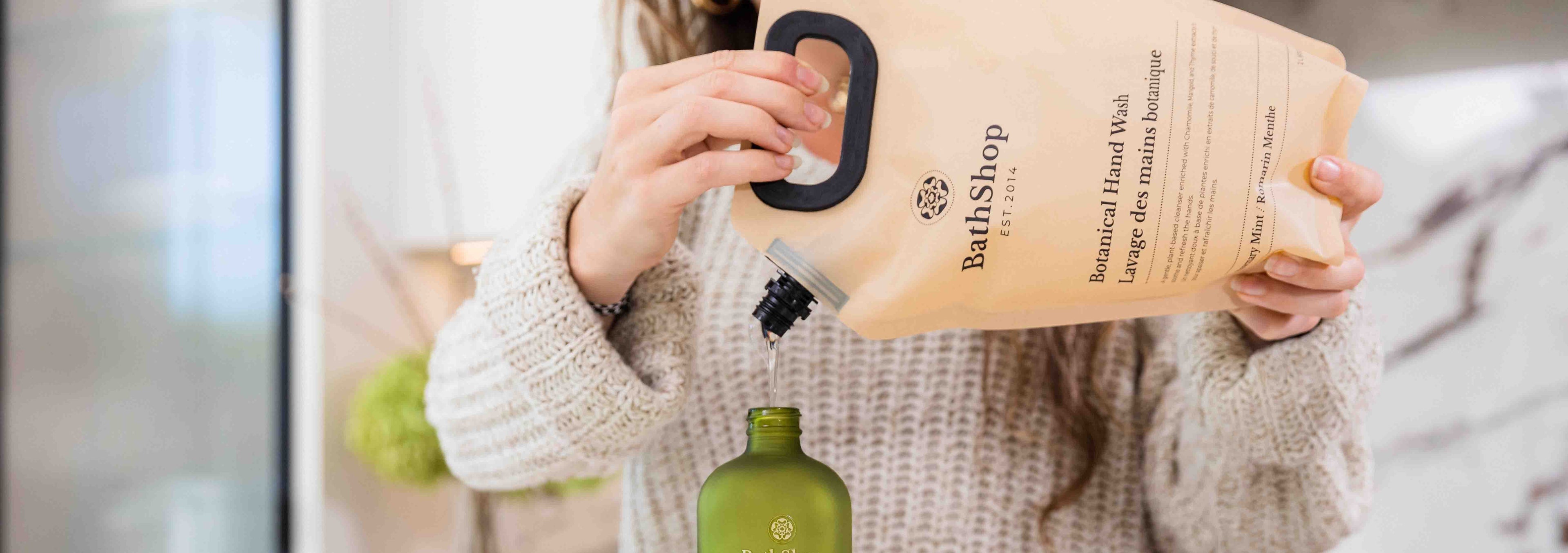 Eco-Friendly Plant-Based Hand Wash Refill and refillable glass bottle by The Bath Shop. Made in Canada
